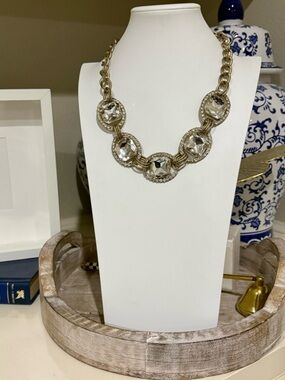 Chunky Gold Tone and Clear Stone Statement Necklace